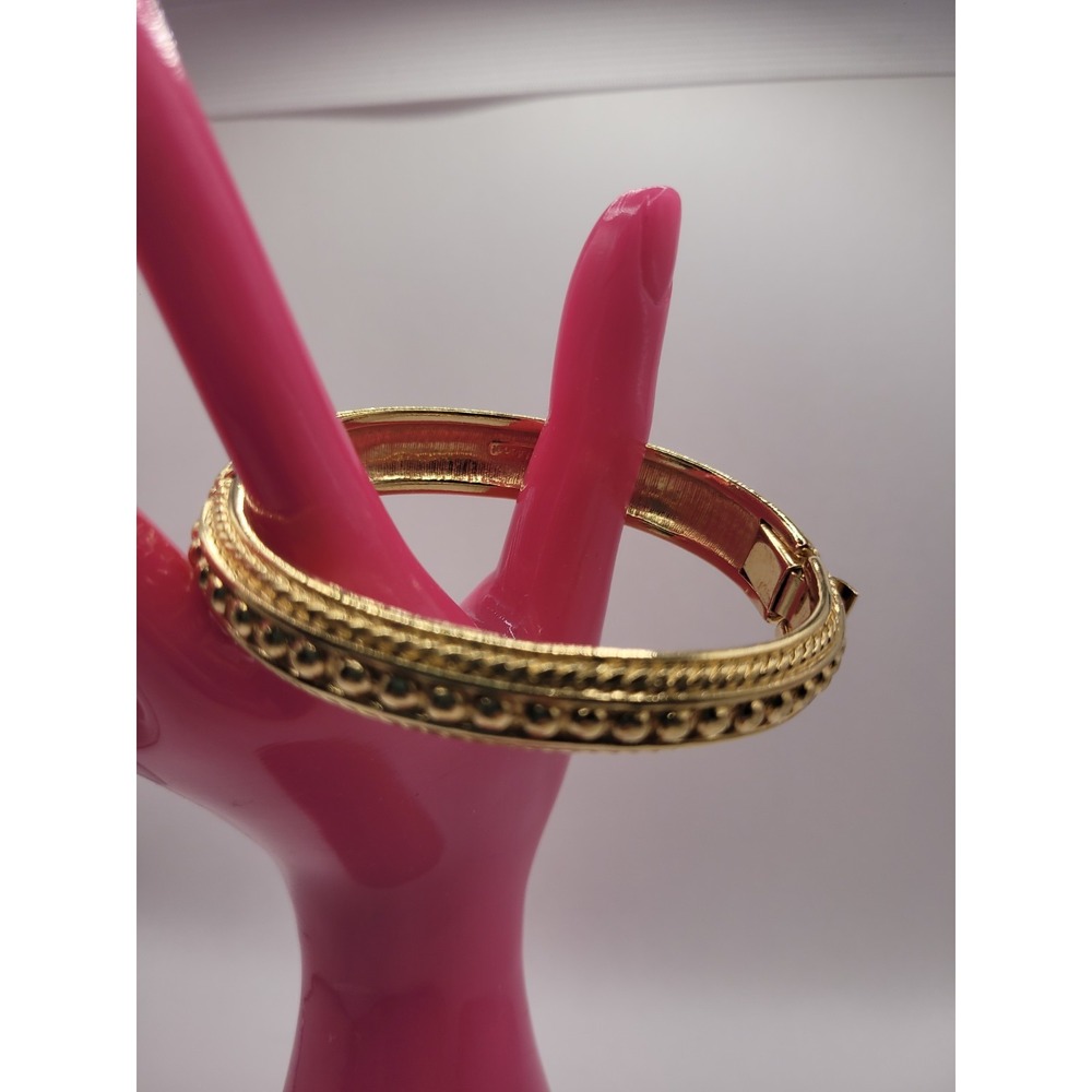 Monet Gold Tone Hinged Bangle Bracelet Textured Rope Beaded Statement Vintage